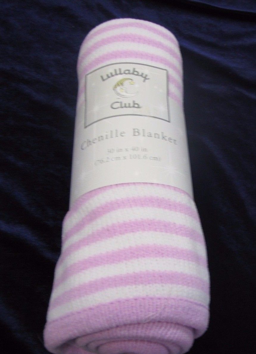 LULLABY CLUB BABY GIRL PINK WHITE CHENILLE STRIPE KNIT SWEATER BLANKET 30" X 40" - $27.71