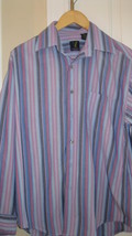 Men's Shirt Van Heusen Size M 15-15 1/2 100 Percent Cotton Striped Blues Purples - $12.99