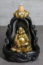 Golden Laughing Buddha Hotei On Black Cloud Lotus Backflow Incense Cone ... - $25.08 CAD