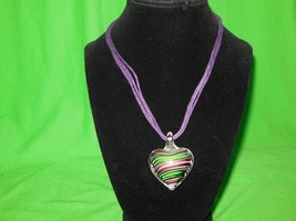 Handcrafted Necklace with Purple&amp;Green Swirled Heart Pendant - £8.04 GBP