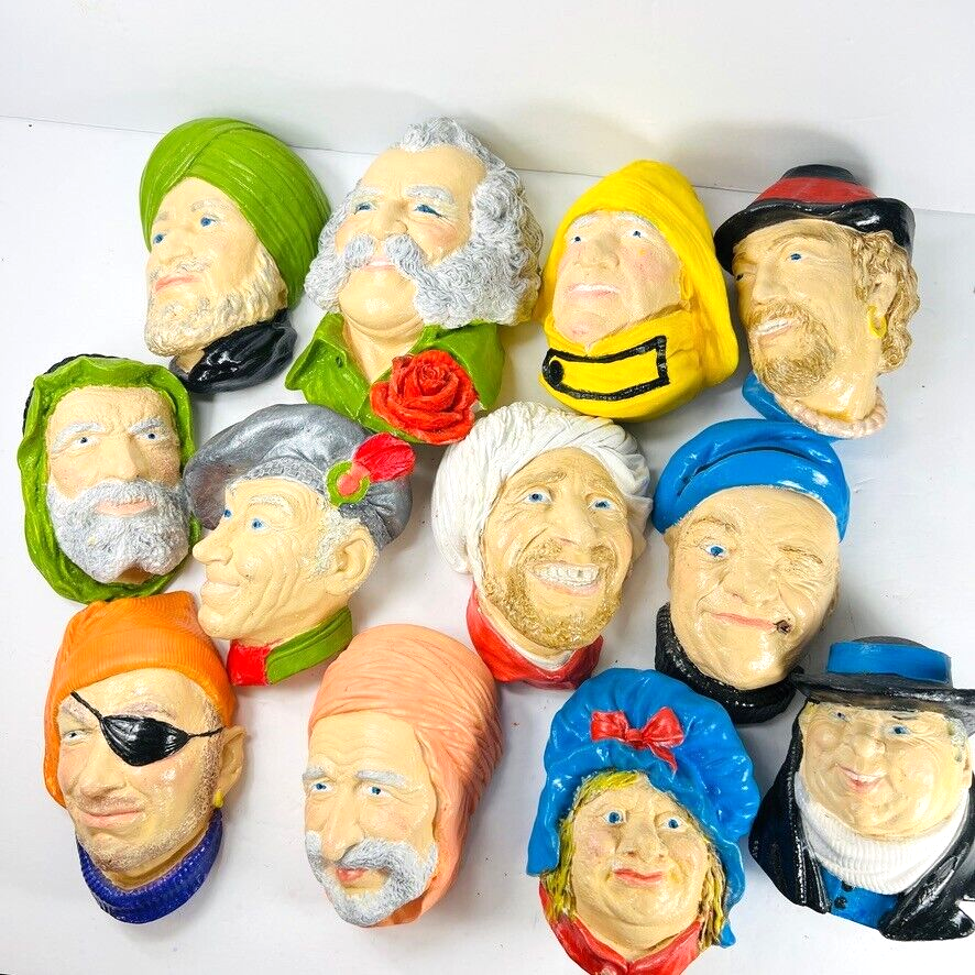 Primary image for Vtg  5” Painted Heads 12 Pc Chalkware Wall Hanging Old Salty Sea Captain Sailor