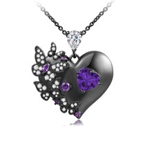 Heart Necklace With Butterflies &amp; Purple Heart Adorned Black Engagement Pendent - £111.79 GBP