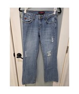 BCBG Max Azria Jeans Size 6 Blue Distressed Straight Leg 100% Cotton Denim - $837.00 MXN