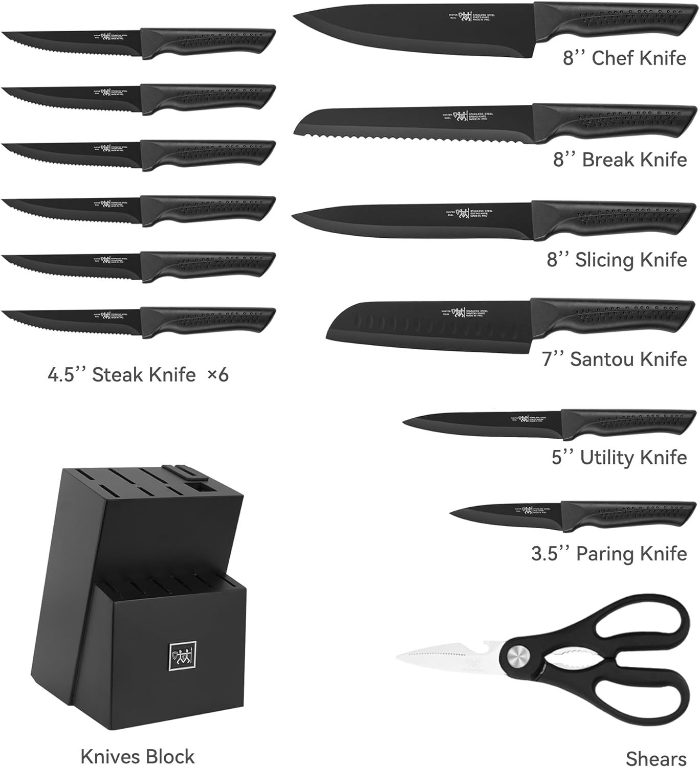 15 Pcs Black knife sets for kitchen with block Self Sharpening