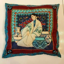 Accent Throw Pillow 15&quot; Square Blue Red Indigenous Style Print Home Decor - £9.46 GBP