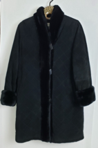 Mary McFadden Coat Black Quilted Leather Suede Faux Fur Trim Lined Size ... - $247.45