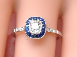Art Deco .46ct Old Mine Cushion Diamond Sapphire Halo Petite Engagement Ring - £2,595.61 GBP
