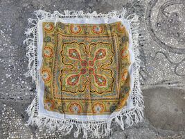 White and gold scarf, boho ethnic scarf, vintage abstract print headscarf - $20.00