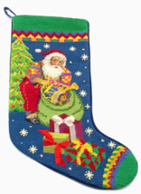 Christmas Needlepoint Stocking Santa Tree Presents Toys Gifts Blue Velve... - £17.12 GBP