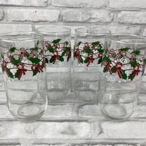 Candy Cane &amp; Holly Christmas Winter Drinking Water Tea Glasses Set of 4 - £20.83 GBP