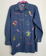 Tweety Denim Blouse Shirt Warner Bros Studio Sequins Beads Looney Tunes Size M - £30.50 GBP