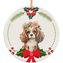 Cute Cavalier King Dog Puppy Head Flower Wreath Christmas Ornament Ceramic Gift - £11.83 GBP