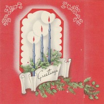 Vintage Christmas Card Blue Candles Pine Branches Red Background 1940s - £6.25 GBP