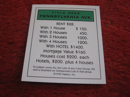 2004 Monopoly Board Game Piece: Pennsylvania Ave Title Deed - $1.00