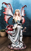 Blonde Fairy Scribe And Red Dragon Writing On Dragons Tales Scroll Figurine - £64.13 GBP