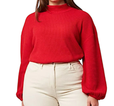 Ava + Viv Red Mock Neck Waffle Knit Balloon Sleeve Top Plus Size 1X - £15.65 GBP
