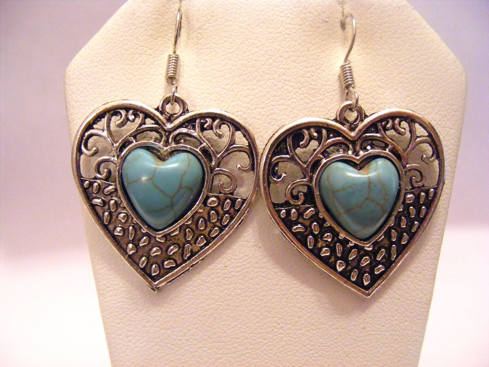 HEART SHAPED TURQUOISE CABOCHONS  AND  TIBETAN SILVER DANGLE PIERCED EARRINGS - $9.49