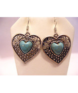 HEART SHAPED TURQUOISE CABOCHONS  AND  TIBETAN SILVER DANGLE PIERCED EAR... - £7.49 GBP
