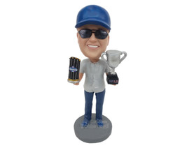 Custom Bobblehead Male Baseball Fan Posing With His Trophy After Winning The Tit - £71.14 GBP