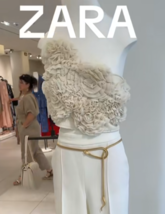 ZARA BNWT 2025. ECRU FLORAL 3D CROP TOP STRAIGHT NECK. 1058/624/712 - $53.08