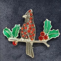 Vintage Enamel Red Rhinestone Cardinal Bird Christmas Brooch Silver Tone Pin - £11.81 GBP