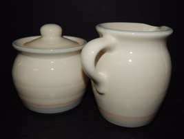 Pfaltzgraff Aura Cream Colored Creamer &amp; Sugar Set Pink &amp; Blue Stripe Stoneware  - $24.74