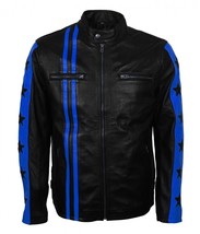 100%Lambskin Leather Blue Strip Jacket Halloween Men Stylish Festive Motorcycle - £75.19 GBP+