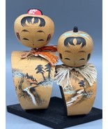 Vtg Japanese Kokeshi Wooden Couple Figurines On Black Base Creative Hand... - $21.67
