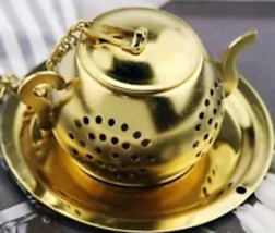 Tea Pot Strainer Infuser for Loose Tea Herbs Gold with Chain and Mini Tray - £6.30 GBP