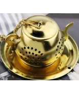 Tea Pot Strainer Infuser for Loose Tea Herbs Gold with Chain and Mini Tray - £6.15 GBP