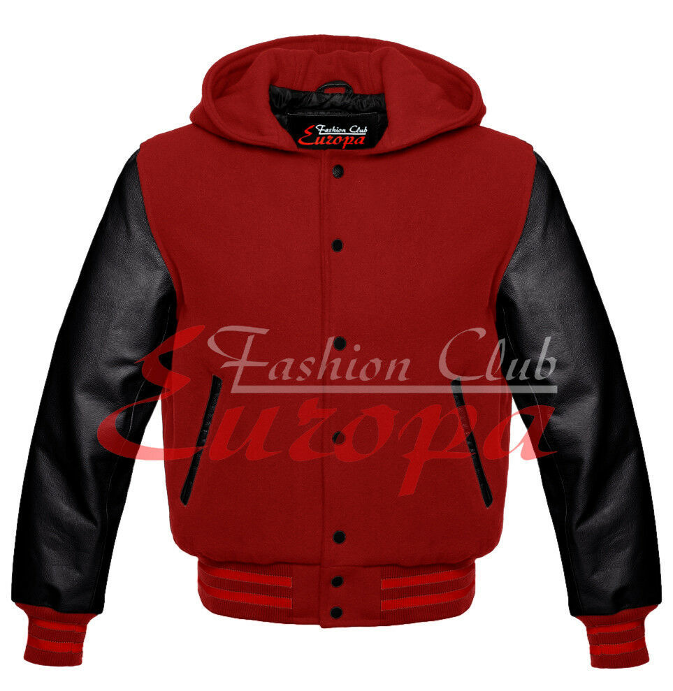 Varsity Maroon Wool Letterman Hoodie Real Black Leather Sleeves XS-4XL