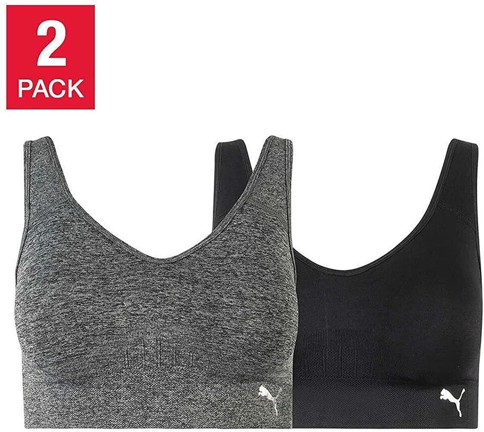 Primary image for PUMA 2 PACK Ladies' Size Small Performance Seamless Sports Bra, Grey - Black