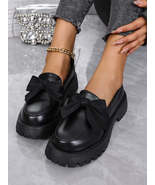 Bow PU Leather Round Toe Loafers - $64.54 CAD