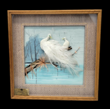 CAC Vintage Feather Art White Peacocks Birds Trees Water 3D Framed Matted 10.25&quot; - £39.53 GBP