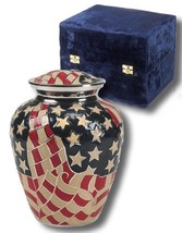 Patriotic American Flag Painted, Adult Brass Funeral Cremation Urn W. Velvet Box - £156.61 GBP