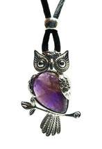 Owl Necklace Pendant Amethyst Natural Gemstone Corded Bead Healing Stone Chakra - £5.02 GBP