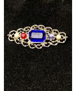 Vintage Silver Tone Faux Rhinestones Multicolored Blue Red White Brooch Pin - $10.94