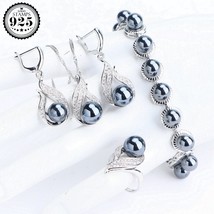 Black Pearl Jewelry Sets 925 Silver Bridal White CZ Stone Bracelet Ring Earrings - £28.70 GBP