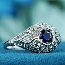 Natural Blue Sapphire Diamond Vintage Style Filigree Ring in 9K White Gold - £439.09 GBP
