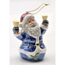 Vtg Iridescent Glazed Ceramic Santa Ringing Bells Blue Suit Christmas Or... - $244.36 MXN