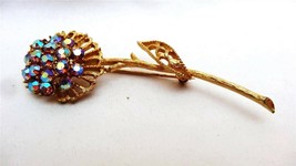 Vintage Goldtone Aurora Borelis Rhinestones Flower Brooch Pin - £35.20 GBP