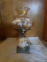 Vintage Hurricane Table Lamp Iridescent Amber Glass Globes White Dogwood Flowers - £102.21 GBP