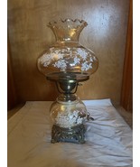 Vintage Hurricane Table Lamp Iridescent Amber Glass Globes White Dogwood Flowers - £102.12 GBP