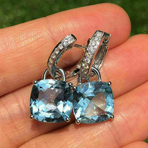 4Ct Cushion Cut Blue Topaz Diamond Drop &amp; Dangle Earrings 14K White Gold Finish - £79.80 GBP
