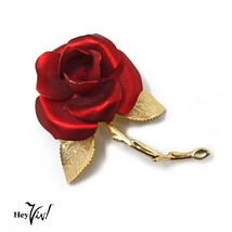 Vintage 2.5&quot; Red &amp; Gold Metal Rose Statement Pin Brooch -Jacket or Coat -Hey Viv - £14.38 GBP