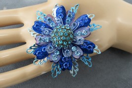 Vintage Lucite Metal Enamel Flower Brooch Rhinestone Blue Stones  Petals... - £39.90 GBP