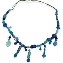 Frosted Blue Glass Boho Style Beaded Necklace 25&quot; Shades Dangle Frosted Beads - £11.51 GBP