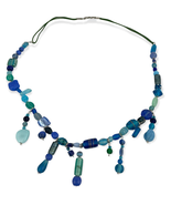 Frosted Blue Glass Boho Style Beaded Necklace 25&quot; Shades Dangle Frosted ... - £11.31 GBP