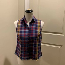 EUC MADEWELL Navy Plaid 100% Cotton Cropped Top SZ XS - $645.87 MXN