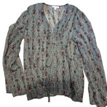 Maurices Boho Sheer Bell Sleeve Lace Up Slate Blue Blouse Top Size Large - £23.18 GBP